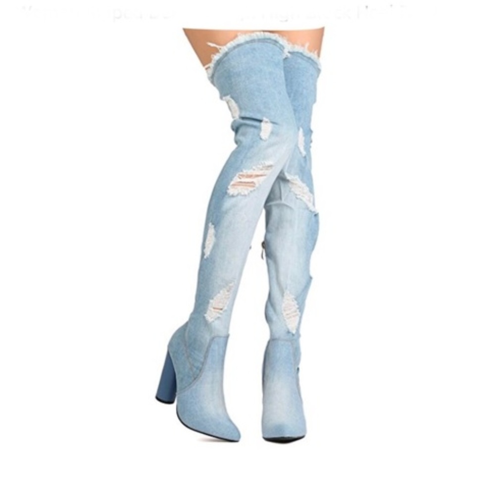 Ripped Thigh High Block Heel NEW